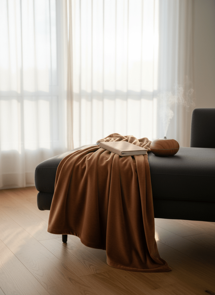 A plush, cinnamon-colored velvet throw draped over the corner of a deep charcoal chaise lounge, its fabric catching the light to reveal a sensual sheen. On the chaise, a closed linen-bound journal in soft blush rests beside a smooth wooden essential oil diffuser emitting a faint mist. The setting is a minimal, light-filled room with warm oak floors and a single large window framed by sheer ivory curtains. Late afternoon natural light creates soft highlights and gentle, enveloping shadows. Captured in photographic realism from a three-quarter angle, with the foreground in sharp focus and the background slightly blurred, the atmosphere feels intimate, sophisticated, and deeply inviting—suggesting a sanctuary for reconnecting with the body.