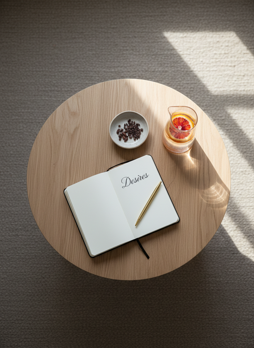 An overhead view of a low, round coffee table made of pale, matte oak, set on a wool rug in warm greige. On the table, an open, cream-paged notebook displays a page titled “Desires” in elegant handwritten script, with a slim gold pen resting across the crease. Nearby, a small, minimalist ceramic dish holds a few cacao nibs, their dark, irregular shapes contrasting with the smooth glaze. A slender glass carafe of water infused with thin slices of blood orange adds a subtle blush tint. Soft, late-morning natural light washes across the scene from a nearby window, creating gentle highlights and minimal shadows. Photographic realism, shot from directly overhead, conveys a clear, spacious, and quietly luxurious mood of intentional reflection and embodied sensuality.