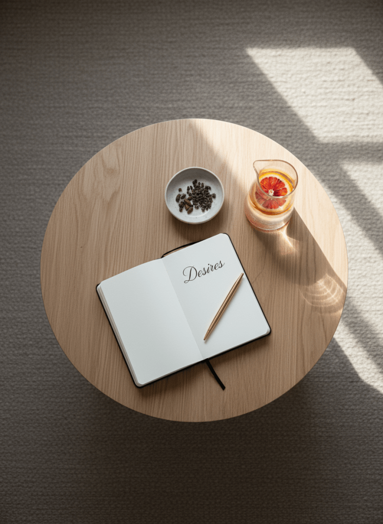 An overhead view of a low, round coffee table made of pale, matte oak, set on a wool rug in warm greige. On the table, an open, cream-paged notebook displays a page titled “Desires” in elegant handwritten script, with a slim gold pen resting across the crease. Nearby, a small, minimalist ceramic dish holds a few cacao nibs, their dark, irregular shapes contrasting with the smooth glaze. A slender glass carafe of water infused with thin slices of blood orange adds a subtle blush tint. Soft, late-morning natural light washes across the scene from a nearby window, creating gentle highlights and minimal shadows. Photographic realism, shot from directly overhead, conveys a clear, spacious, and quietly luxurious mood of intentional reflection and embodied sensuality.