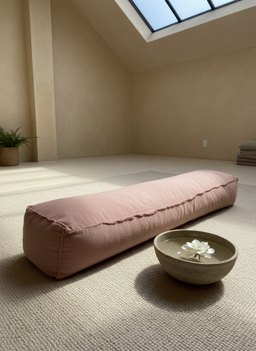 A large, unrolled yoga bolster in a muted rose hue lies diagonally across a pale, textured hemp rug, its fabric visibly soft and slightly worn from loving use. Beside it, a ceramic bowl the color of wet stone holds glistening water and a single floating gardenia, its white petals luminous. The space is an airy studio with limewashed plaster walls in soft beige, minimally decorated. Diffused morning light filters in from a skylight above, creating subtle gradients of brightness and tender, barely-there shadows. Photographic realism, shot from a slightly elevated angle with rule-of-thirds composition, conveys a calm yet sensually alive atmosphere, perfect for somatic practices and gentle nervous system regulation.