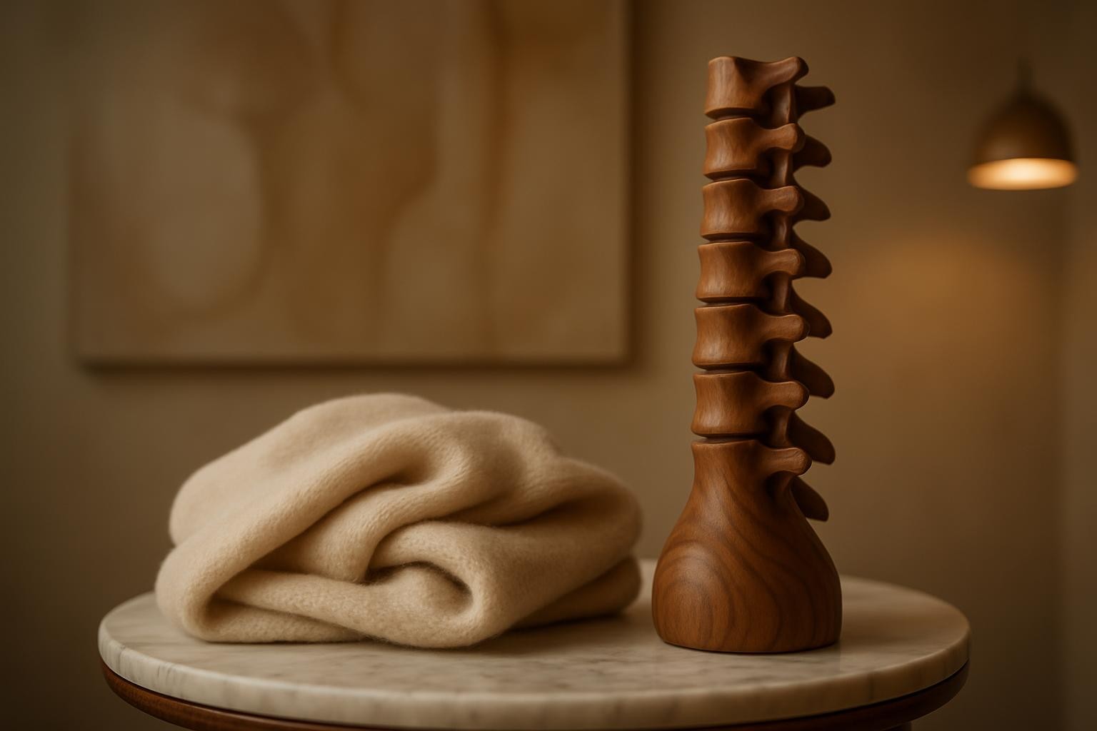 A close-up of a smooth, hand-carved wooden spine model in rich walnut tones, its vertebrae elegantly curved and tactile, standing upright on a marble-topped side table. Next to it, a folded, cream-colored cashmere blanket with visible fibers rests in a softly undulating mound, inviting touch. The background shows a blurred wall with abstract, nude-toned artwork hinting at organic body forms. Warm pendant lighting from above casts a soft, intimate glow, accentuating the wood grain and the marble’s subtle veining. Photographic realism with a shallow depth of field and centered composition creates a refined, sophisticated atmosphere that feels both scientific and sensuous, symbolizing structural alignment and embodied comfort.